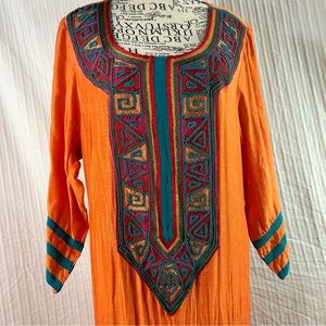 Orange Sz L -XL Hand Beaded Embroidered Woven Indian Dashiki Kaftan Dress